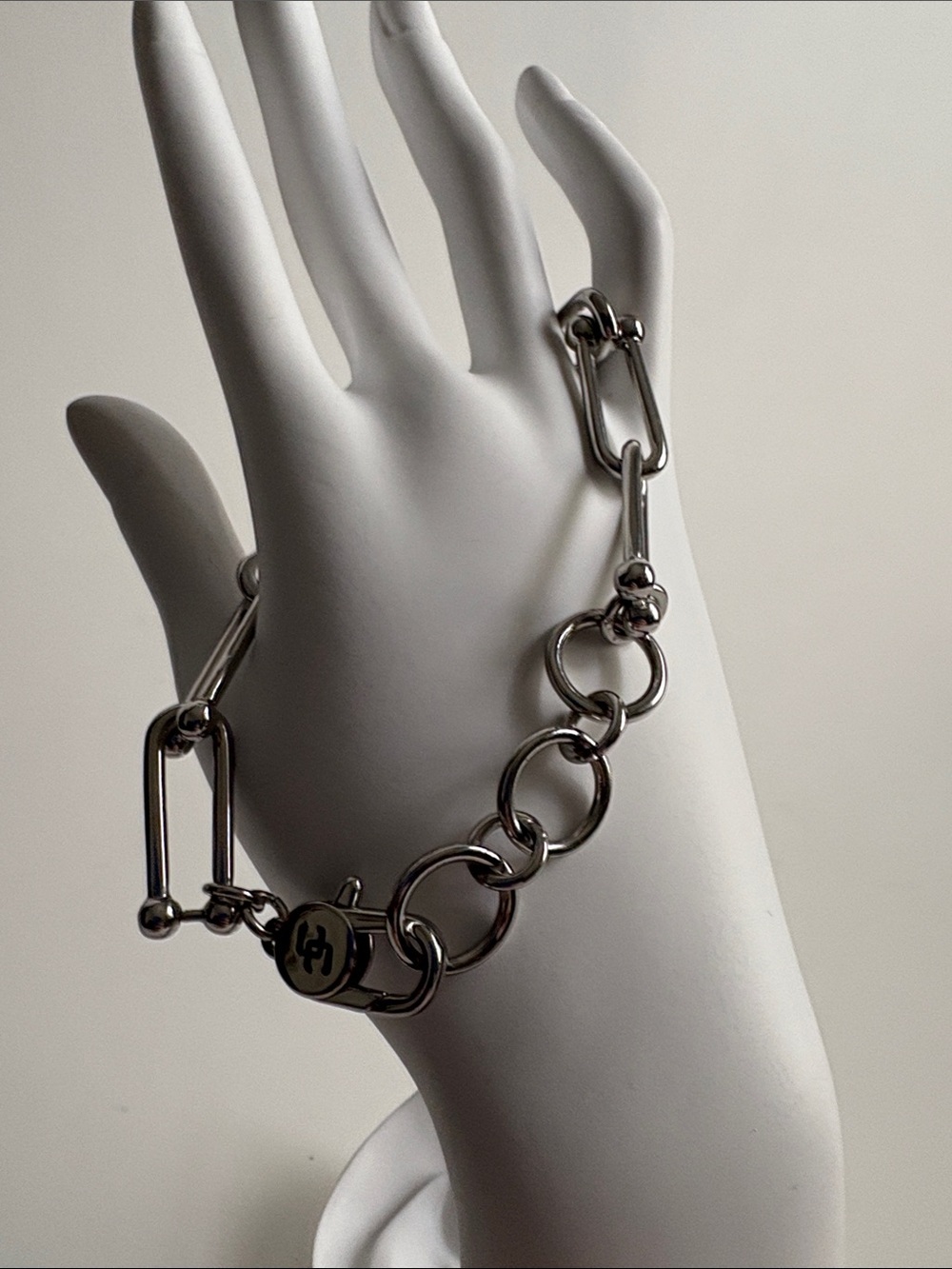 Chunky Silver Chain Bracelet with Logo Charm